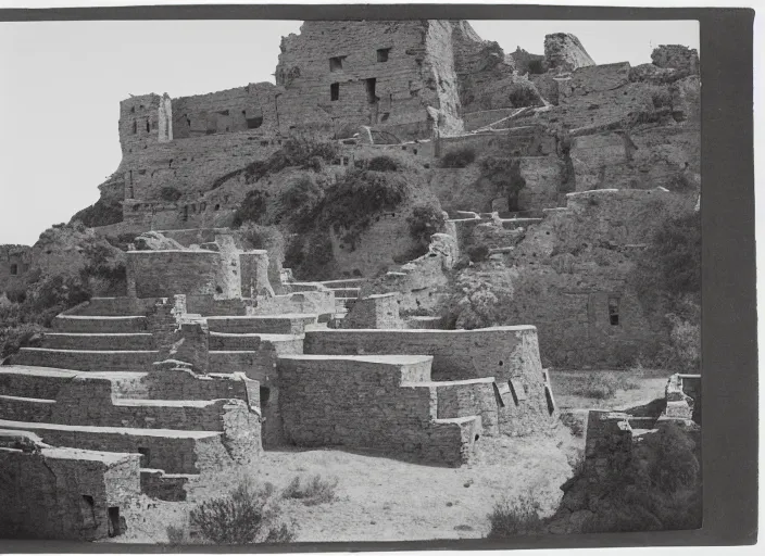 Image similar to Photograph of sprawling cliffside pueblo ruins, showing terraced gardens and narrow stairs in lush desert vegetation in the foreground, albumen silver print, Smithsonian American Art Museum