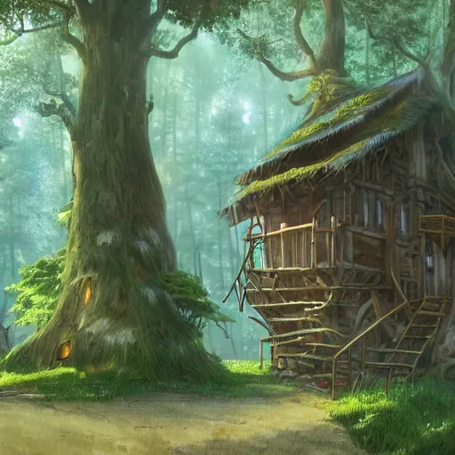Prompt: concept art painting of treehouses made out of trees and roots, trees with doors and windows in a deep forest, realistic, detailed, cel shaded, in the style of makoto shinkai and greg rutkowski and james gurney