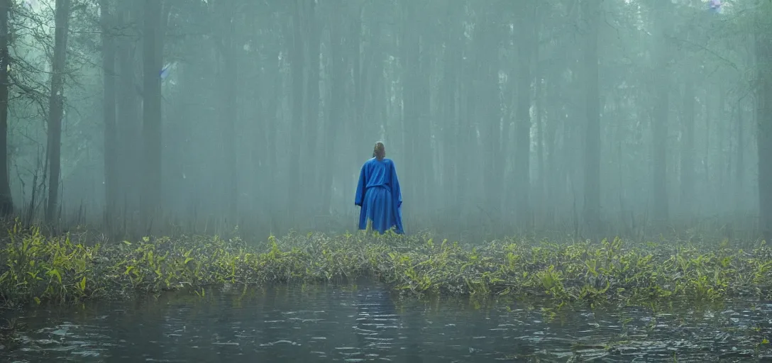 Prompt: an angel in blue and yellow robes in a swamp, sunny weather, foggy, cinematic shot, photo still from movie by denis villeneuve