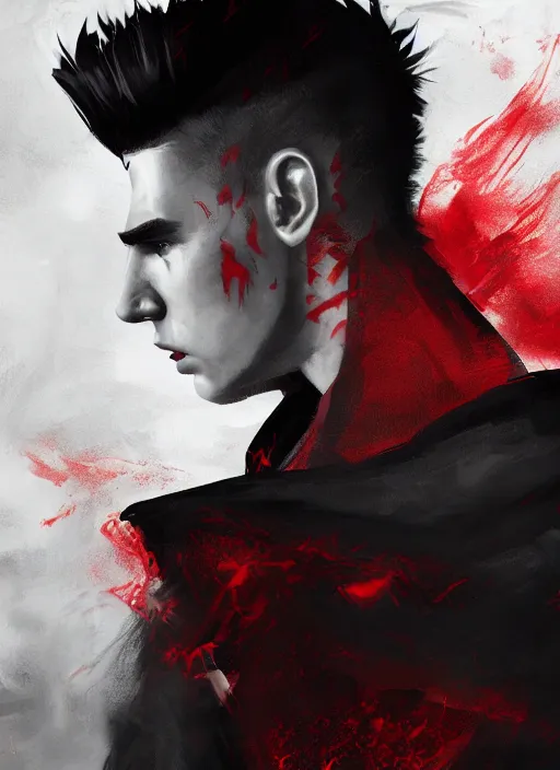 Image similar to An epic fantasy comic book style portrait painting of a young man with black undercut haircut, wearing red clothes, black overcoat, blue jeans. Unreal 5, DAZ, hyperrealistic, octane render, cosplay, RPG portrait, dynamic lighting