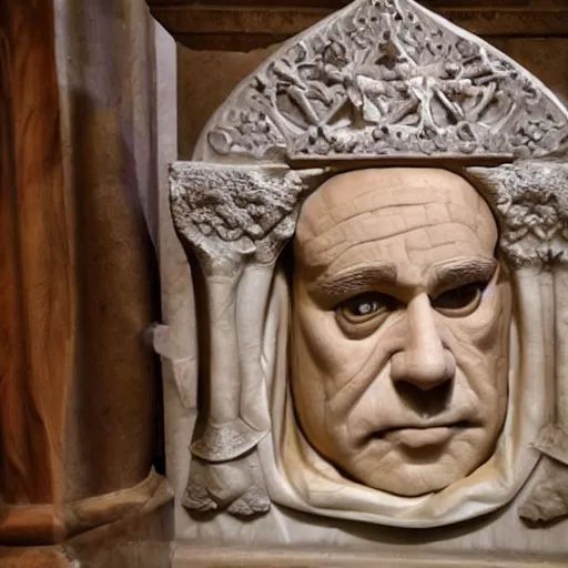 Prompt: the sarcophagus of the medieval king danny devito, carved in alabaster, church interior, hd