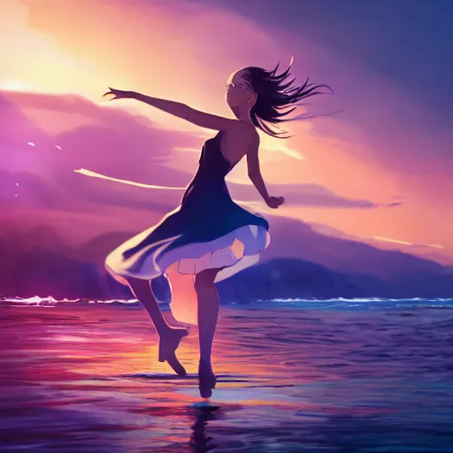 Prompt: A girl dancing on water, evokes feelings of joy, beautiful flowing fabric, sunset, dramatic angle, realistic and detailed, by studio trigger, pixiv dslr photo by Makoto Shinkai rossdraws and Wojtek Fus