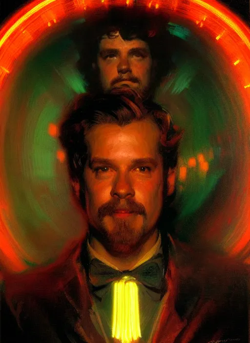 Image similar to portrait of eddie munson joseph quinn. 8 0's neon retro. lights, glow, magical. dark background. illustration by gaston bussiere, gerome, craig mullins, greg rutkowski, john singer sargent.