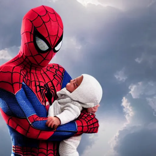 Image similar to realistic photo of spiderman holding baby wearing spiderman costumes, an film still