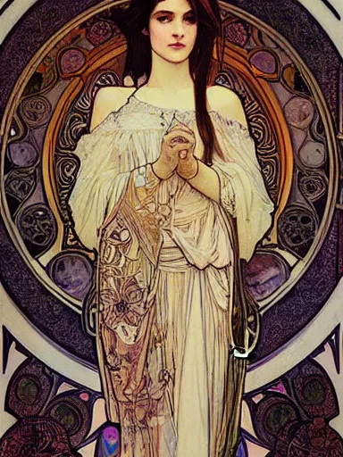 Image similar to a beautiful painting of young winona ryder by Alphonse Mucha and by Mark Brooks and by john william waterhouse and by arthur rackham, Art Nouveau, Neo-Gothic, gothic, award winning painting, hyperdetailed, detailed