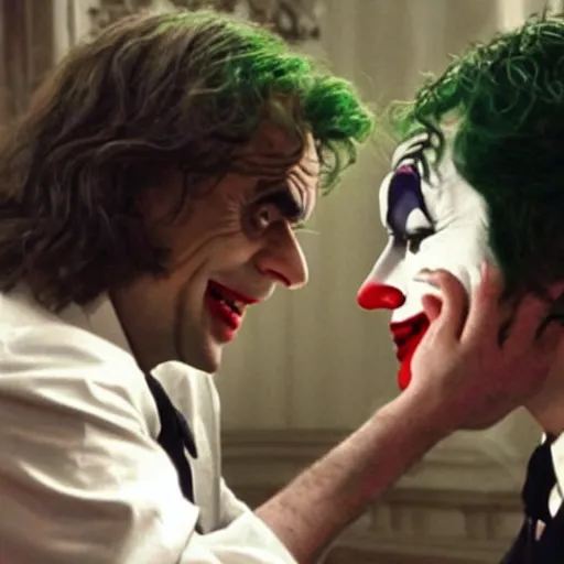 Image similar to romance scene of mr. bean and the joker making out in batman vs bean, 2 0 2 0