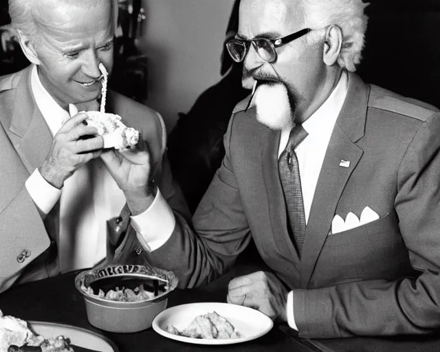 Prompt: Joe Biden as Colonel Sanders eating KFC, photograph