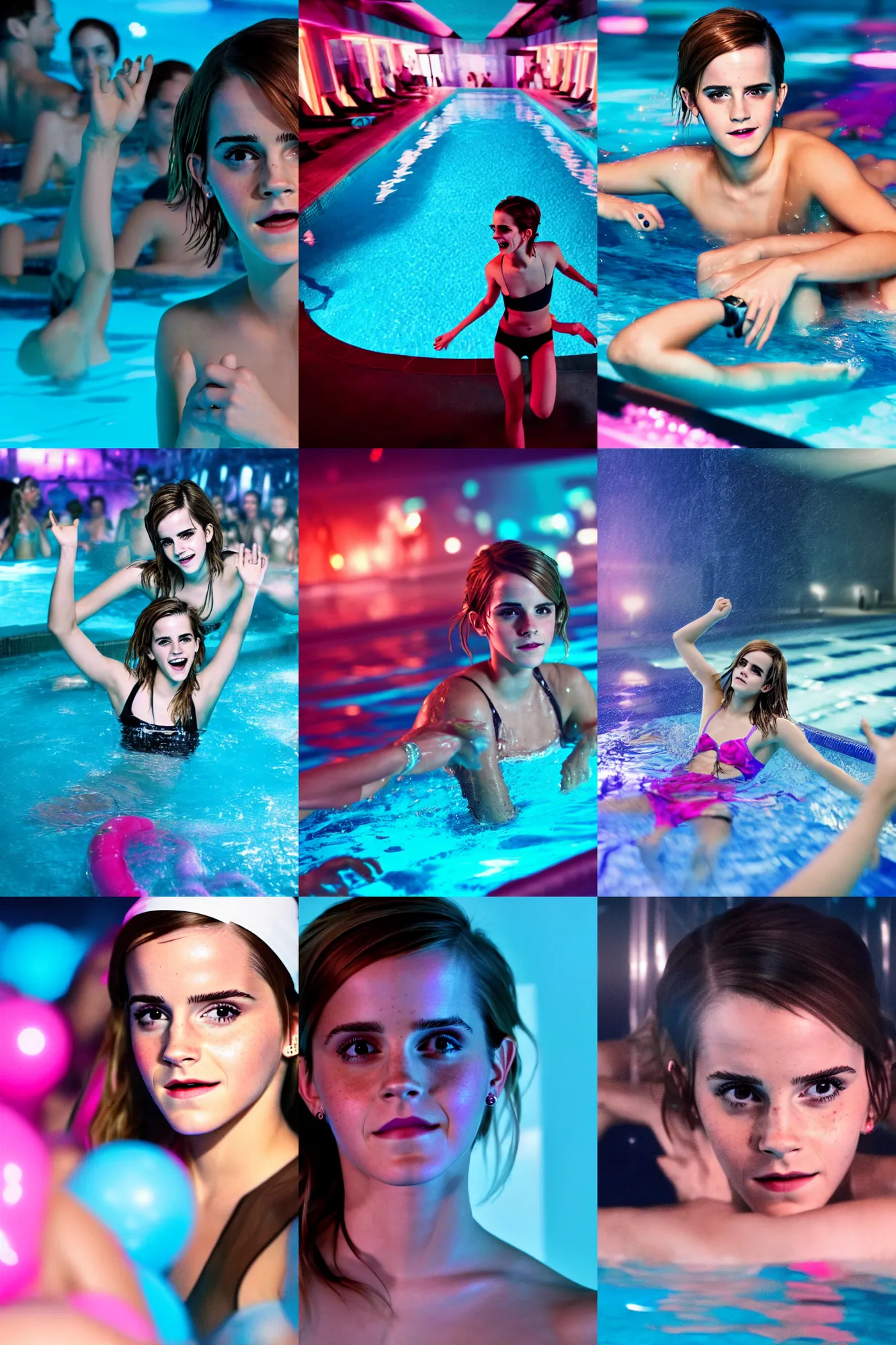 Prompt: A photo of Emma Watson having fun in a pool party filled with people in a modern indoors pool with cyberpunk illumination at night . 4k photo. Hyper realistic