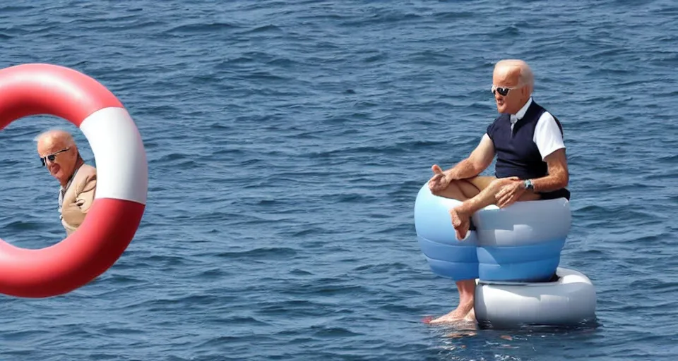 Image similar to joe biden sitting on a floating ring in the ocean