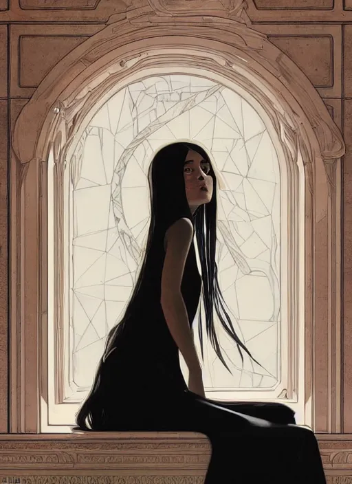 Image similar to a lonely young girl with straight long black hair wearing black dress that sitting on bathroom floor, art by artgem, greg rutkowski and alphonse mucha