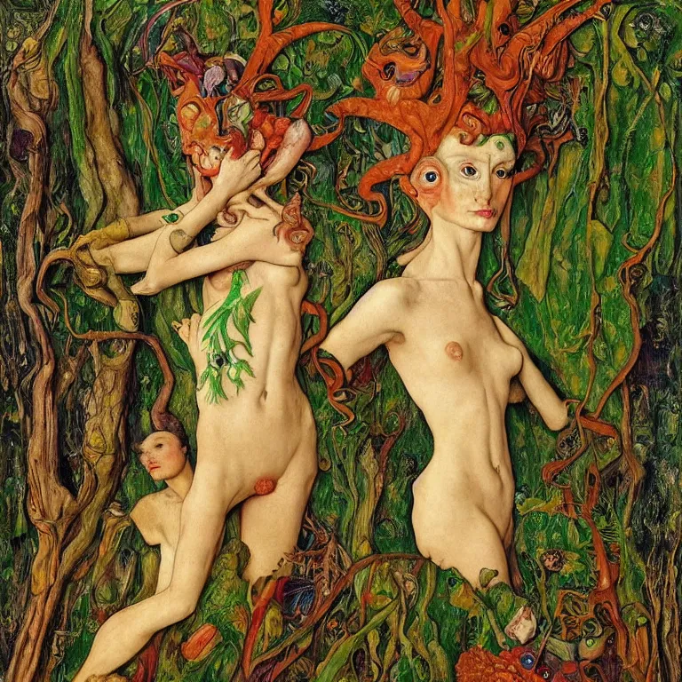 Image similar to a dryad venus, transforms herself into a tropical alien fish. her face in strangely long and she has goat pupils. in the forest around her are colorful tropical birds and orchids. painted by jan van eyck, egon schiele and max ernst, trending on artstation, 8 k, award winning