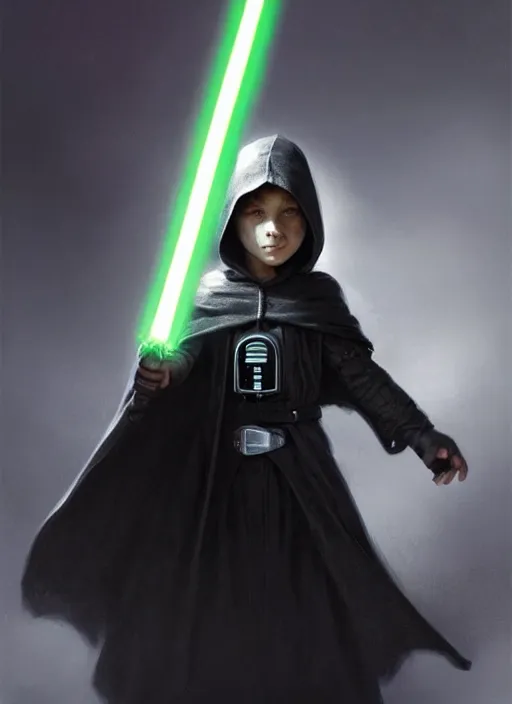 Image similar to perfectly - centered - portrait of a kid wearing black cloak holding light saber, intricate, highly detailed, digital painting, artstation, concept art, smooth, sharp focus, illustration, unreal engine 5, 8 k, art by artgerm and greg rutkowski and alphonse mucha
