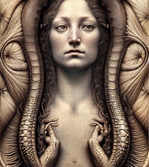 Image similar to detailed realistic beautiful lizard goddess face portrait by jean delville, gustave dore, iris van herpen and marco mazzoni, art forms of nature by ernst haeckel, art nouveau, symbolist, visionary, gothic, neo - gothic, pre - raphaelite, fractal lace, intricate alien botanicals, ai biodiversity, surreality, hyperdetailed ultrasharp octane render