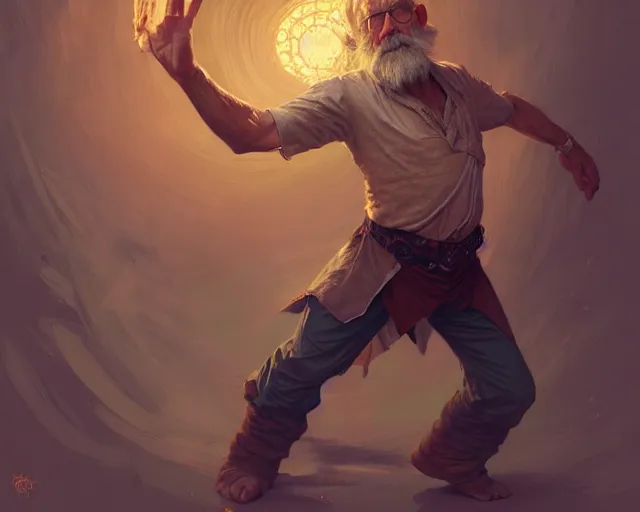 Image similar to old man doing a cartwheel, deep focus, d & d, fantasy, intricate, elegant, highly detailed, digital painting, artstation, concept art, matte, sharp focus, illustration, hearthstone, art by artgerm and greg rutkowski and alphonse mucha