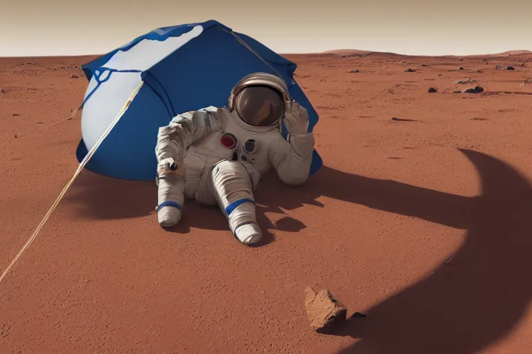 Prompt: portrait photograph of an astronaut living in a tent lonely in Mars