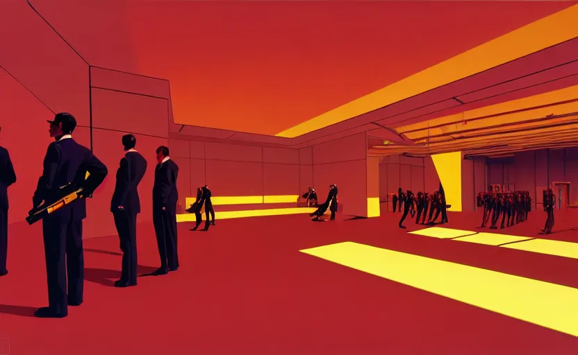 Prompt: syd mead, big room in center pedestal with ak 4 7 and men's in suit's around, soft light, red + yellow colours, golden facture, high quality details, two point perspective, denoise deep depth of field