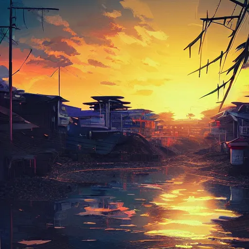 Prompt: the sun is setting over a beach town in japan, cyberpunk art by alena aenami, featured on deviantart, digital art, matte drawing, matte painting, speedpainting