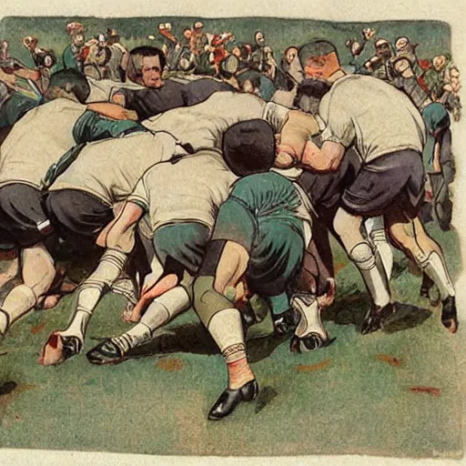 Prompt: 1920s full color illustration by J.C. Leyendecker of handsome male rugby players in a scrum on the field, rugby ball on the ground in between the handsome rugby players