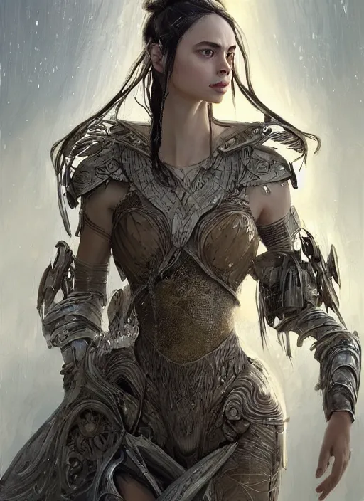 Image similar to a professional portrait of a beautiful young female, clothed in ethereal battle armor, olive skin, long dark hair, beautiful bone structure, symmetrical facial features, intricate, elegant, digital painting, concept art, smooth, sharp focus, finely detailed, illustration, from Valerian and the City of a Thousand Planets, in the style of Ruan Jia and Mandy Jurgens and Artgerm and Greg Rutkowski and William-Adolphe Bouguerea