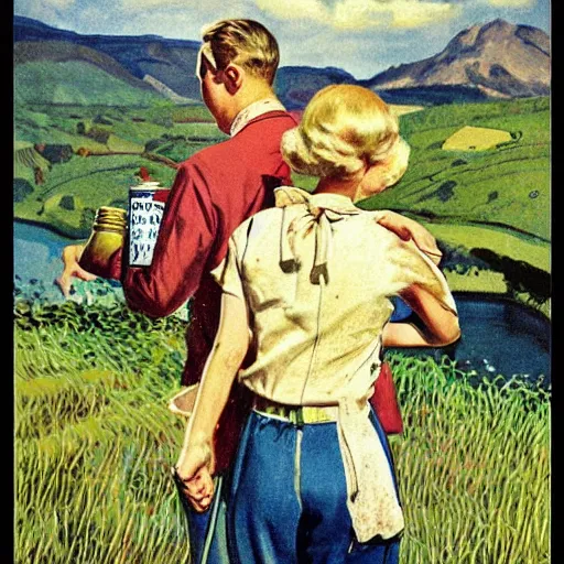 Prompt: “stunning, highly detailed portrait, very detailed, couple, from behind, blonde, remote village, from side, holding tin can, color vintage magazine illustration 1950”