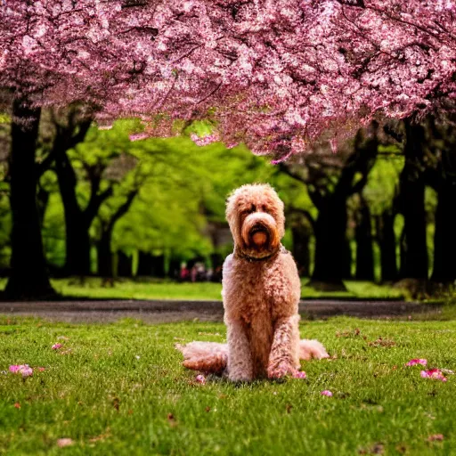 Prompt: a goldendoodle meditation below a Sakura tree, 8k, nature photography