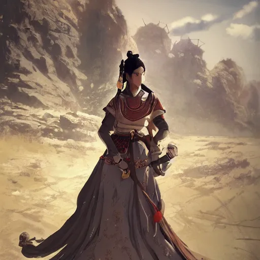 Prompt: ancient asian dynasty princess, three kingdom, dynasty warriors, cute face, standing in an oasis in the desert, 8 k beautiful, elegant, grafity, c 4 d, digital painting, smooth, concept art, in style of yoji shinkawa, pan ren wei, col price, atey ghailan, by greg rutkowski, aesthetic