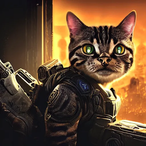 Image similar to lil bub the cat in Gears of War, splash art, movie still, cinematic lighting, dramatic, octane render, long lens, shallow depth of field, bokeh, anamorphic lens flare, 8k, hyper detailed, 35mm film grain