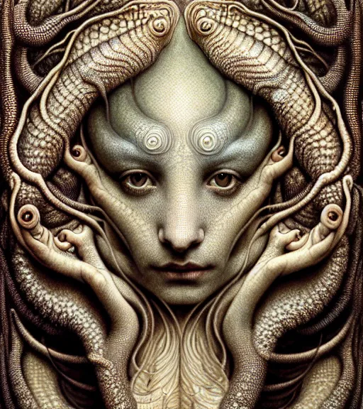Image similar to detailed realistic beautiful gecko goddess face portrait by jean delville, gustave dore, iris van herpen and marco mazzoni, art forms of nature by ernst haeckel, art nouveau, symbolist, visionary, gothic, neo - gothic, pre - raphaelite, fractal lace, intricate alien botanicals, ai biodiversity, surreality, hyperdetailed ultrasharp octane render