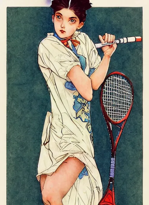 Prompt: a copic maker art nouveau portrait of a russian beautiful girl with sad face wearing a tennis player outfit inspired in inuyasha clothes by john berkey norman rockwell