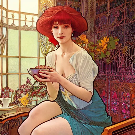 Image similar to Full body portrait of a sorceress sipping tea in her sunlit study, illustration, exquisitely detailed, Ilya Kuvshinov, Hayao Miyazaki, Kazuma Kaneko, Alphonse Mucha