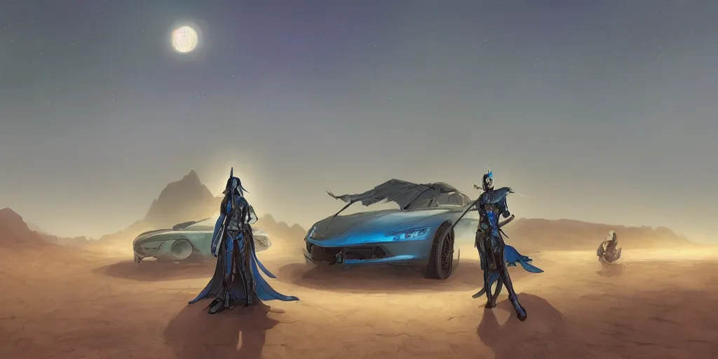 Image similar to blue and gold knight in desert standing next to green car, misty blue hour, sci fi digital painting, unreal engine 5, photorealism, hd quality, 8 k resolution, cinema 4 d, 3 d, cinematic, professional photography, art by artgerm and greg rutkowski and alphonse mucha and loish and wlop, berserk, manga