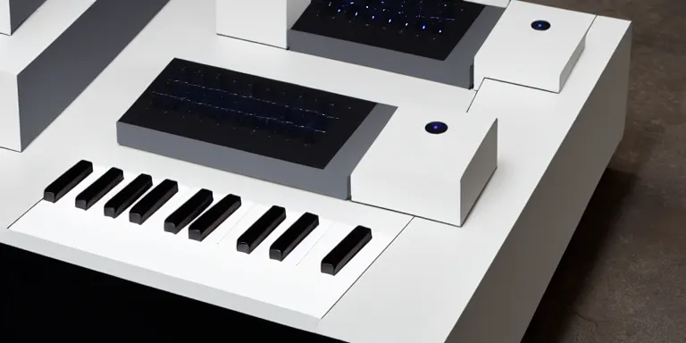 Prompt: dezeen showroom , minimalissimo, archdaily, , teenage engineering moad, mother of all decks, product design concept,product shot of moog melotron synthesizer with ipad gradient touchscreens designed by jony ives, dieter rams, 8k, highly detailed photo