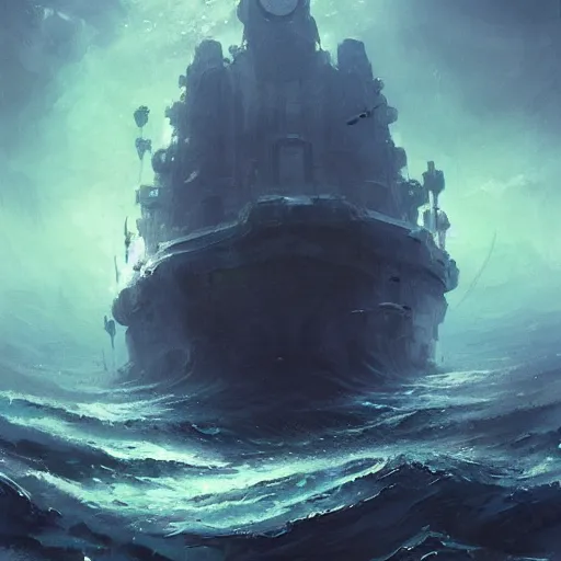 Image similar to of a lost empire in the deep sea, in the style of greg rutkowski