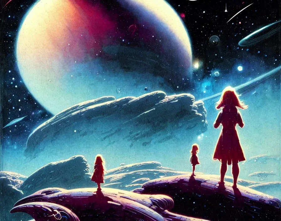 Image similar to illustrated by moebius and greg rutkowski, romantic!!! space scene!! with standing young girl!!!!, orbit of earth!, futuristic orbital station!!!!, nebulae!!, starry sky!!, rule of third!!!!, vintage cover of sci - fi magazine, cinematic!!