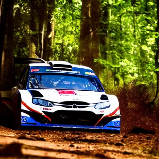 Image similar to close up of rally racing car in forest, cinematographic shot, cartoon