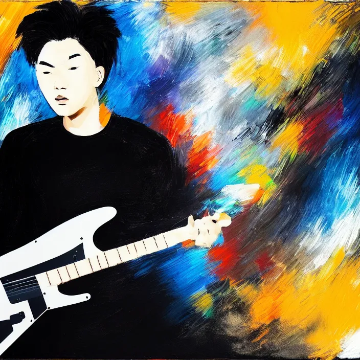 Prompt: large diagonal brush strokes, abstract dark painting of a young korean male musician wearing black tank top holding a telecaster!!! electric guitar!! in a dark room, thick flowing dramatic brush strokes, matte colors, abstract, impressionist, movement, trending on artstation