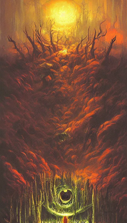 Image similar to a storm vortex made of many demonic eyes and teeth over a forest, by paul lehr,