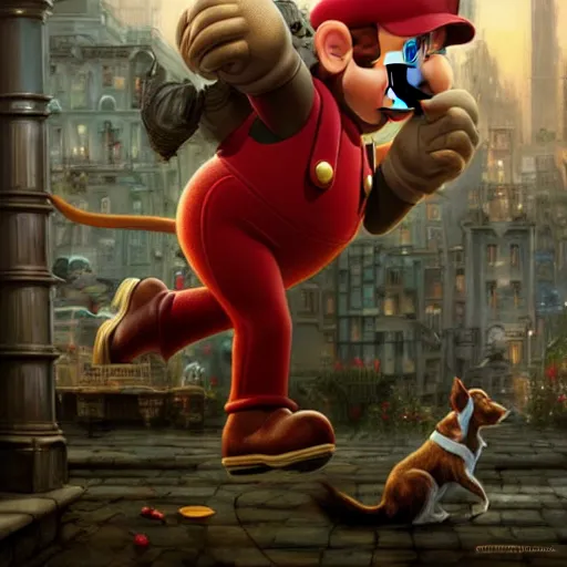 Prompt: john lock as mario walking a dog, plumbing jungle, detailed, centered, digital painting, artstation, concept art, donato giancola, joseph christian leyendecker, wlop, boris vallejo, breathtaking, 8 k resolution, extremely detailed, beautiful, establishing shot, artistic, hyperrealistic, beautiful face, octane render, cinematic lighting, dramatic lighting, masterpiece