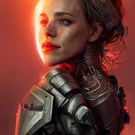 Prompt: rachel mcadams portrait, dystopia core, apocalyptic, armor, warrior, dramatic, sharp focus, fiction, neon, fantasy, hyper detailed, digital art, trending in artstation, cinematic lighting, studio quality, smooth render, unreal engine 5 rendered, octane rendered, art style and nixeu and wlop and krenz cushart