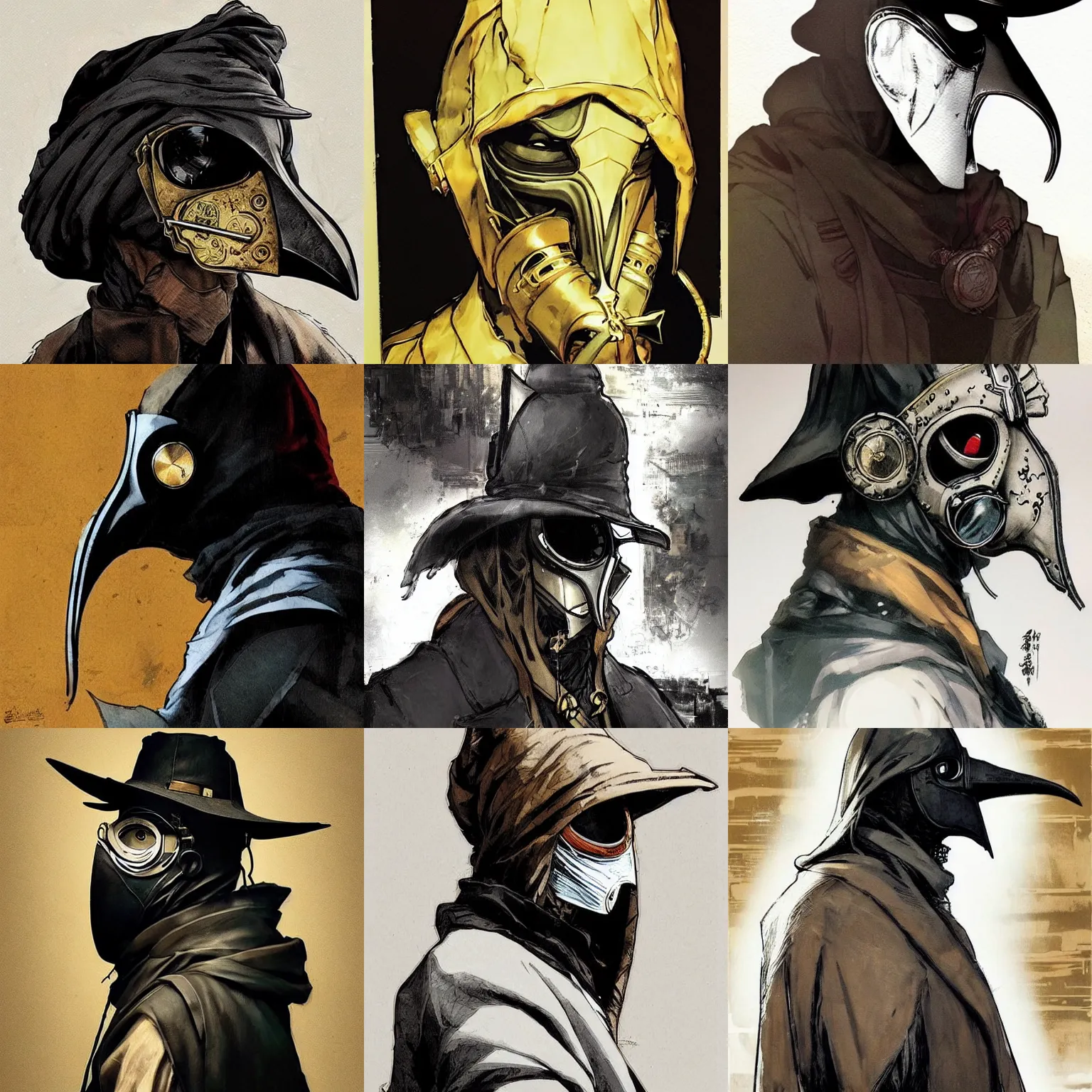 Prompt: a beautiful side portrait of a plague doctor. his mask is gold. art by yoji shinkawa and sandra chevrier, trending on artstation, award - winning, perfect composition.