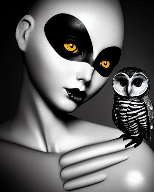 Image similar to surreal mythical dreamy dark artistic black and white fine art 3 / 4 fashion portrait photo of a young beautiful delicate female robot with orchid - owl face, rim light, cinematic, studio dramatic light, poetic, masterpiece, octane render, 8 k, photo - realistic by hg giger and man ray