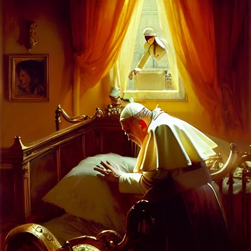 Image similar to the pope wakes up is his bed, sweating, nervous, terrified, because a double horned shadow demon lurks in the papal bedroom. highly detailed painting by gaston bussiere, j. c. leyendecker, greg rutkowski, craig mullins 8 k