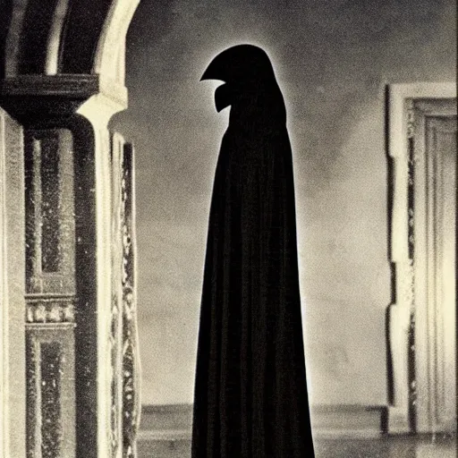 Prompt: a raven rogue wearing a vantablack cloak. in a high fantasy 1 9 7 8 castle. r / oldschoolfantasy