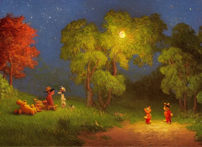 Image similar to romanticism impressionism landscape painting of winnie the pooh characters at night, night time, paper lanterns, string lights, in the style of hudson river school and thomas cole and albert bierstadt and vincent van gogh