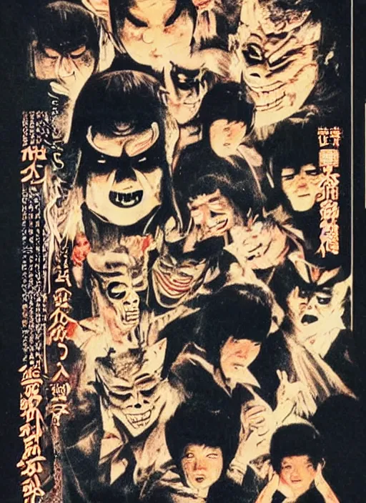 Image similar to vintage japanese movie poster with nightmarish monsters, from a 1 9 8 0 s japanese horror movie