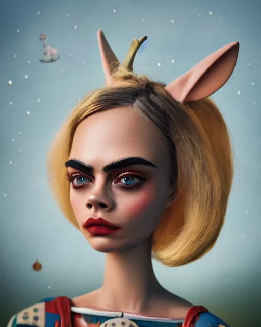Image similar to closeup face profile portrait of cara delevingne as a tin toy soviet chernobyl space rabbit, bikini, depth of field, zeiss lens, detailed and intricate environment, fashion photoshoot by nicoletta ceccoli, mark ryden, lostfish, breathtaking, 8 k resolution, artistic, hyperrealistic, octane render