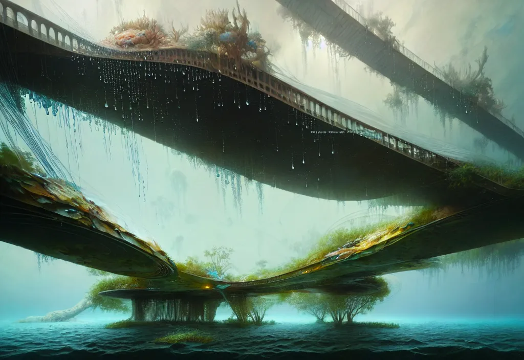 Image similar to study material with side perspective, transparent water River flow, realistic water foam,agua droplets, underwater, bridge made of water ,physically based rendering, defined features by ellen jewett, tomasz alen kopera and Justin Gerard