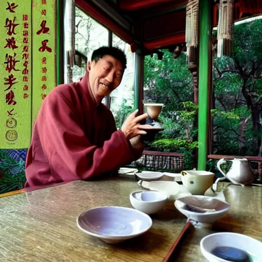 Prompt: zhuangzi drinking chinese tea in a chinese tea house, smiling, introspective, deep mystical knowledge