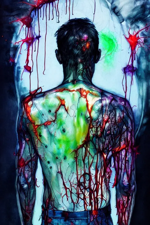 Prompt: zombie cop by agnes cecile enki bilal moebius, intricated details, 3 / 4 back view, full body portrait, extremely luminous bright design, horror, pastel colours, toxic drips, autumn lights