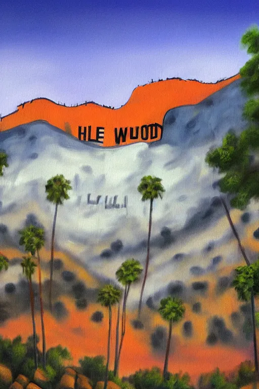 Image similar to bob ross painting of hollywood sign